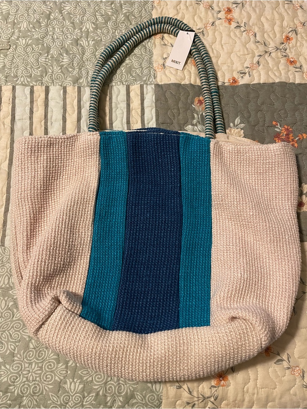 Mixit Cream Tote with Teal and Navy Center Stripes